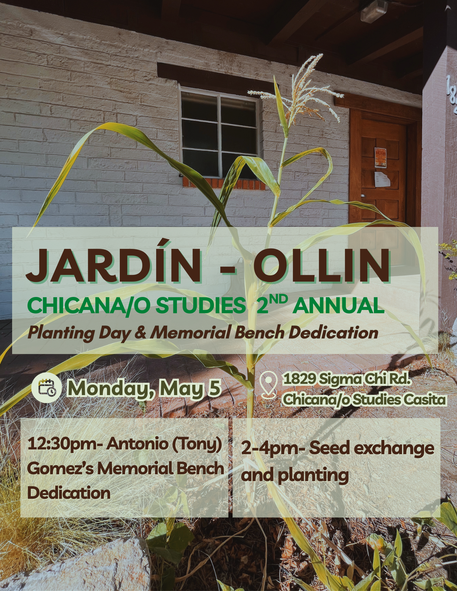 Event info overlaid over a background depicting the Chicano Studies building Event info overlaid over a background depicting the Chicano Studies building